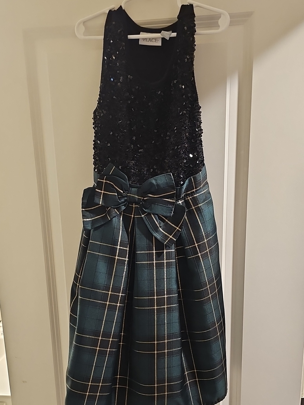 The Children's Place Black Sequin Bodice Teal Plaid Bow Dress